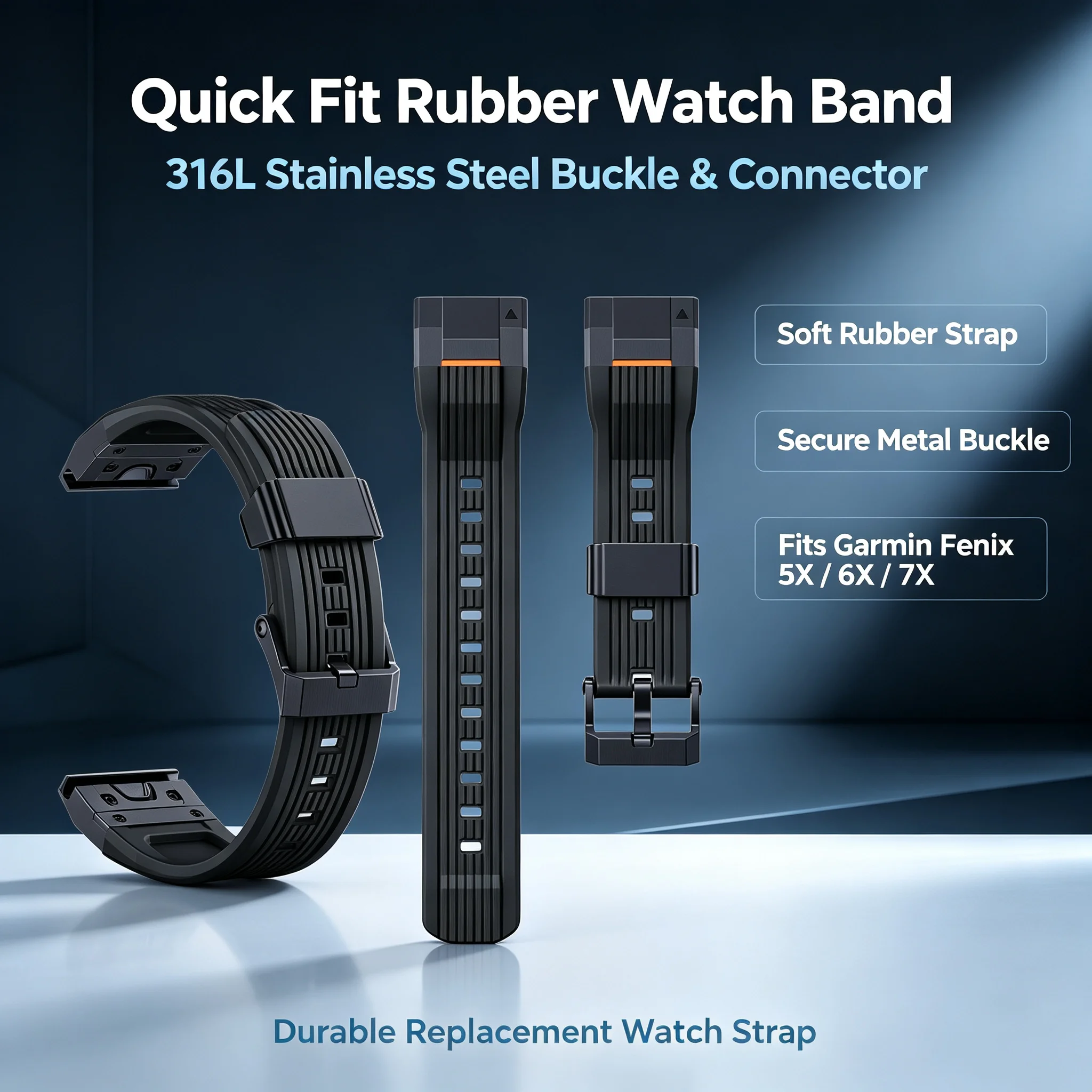 26mm Quick Release Rubber Watch Band Compatible with Garmin Fenix 5X 5XPlus 6X 7XPro Fenix8 51mm Tactix