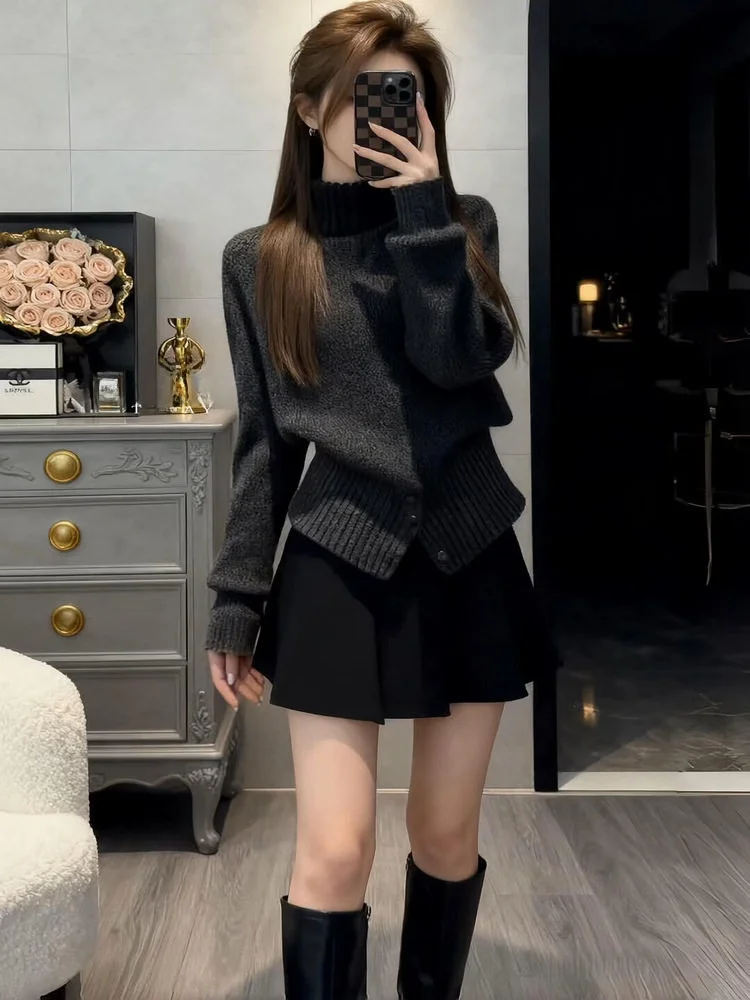 

Винтажный вязаный свитер Ele с высоким воротником для женщин, осенне-зимний базовый слой, модный топ с эффектом утяжки талии