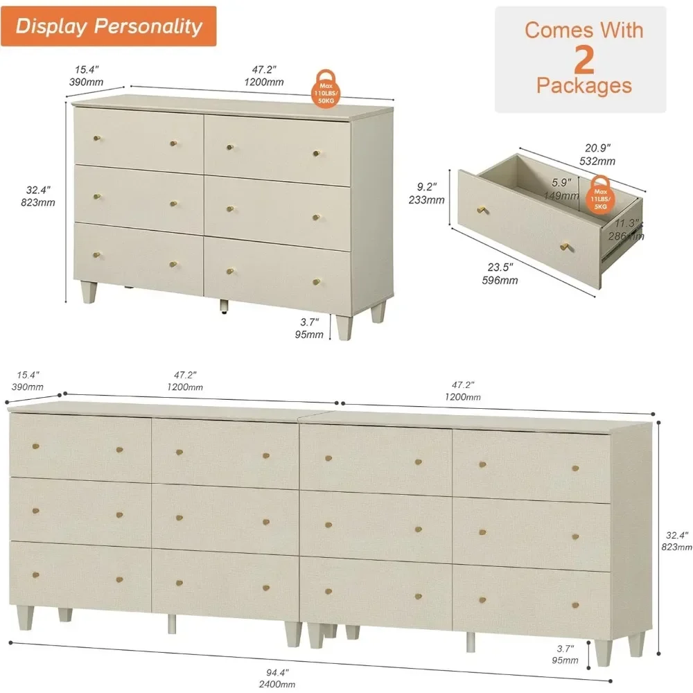 Set of 2 Bedroom Dressers with 12 Drawers, 2-in-1 Extra Wide Chest of Drawers Storage Organizer with Solid Wood Legs for Closet