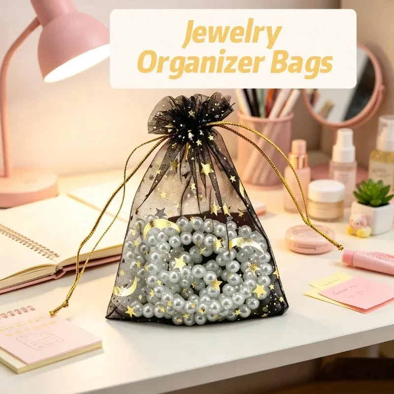 50/100pcs Moon Star Organza Gift Bags Multicolor Mesh Pouches for Christmas Wedding Party Candy Gift Packing Bags Wholesale