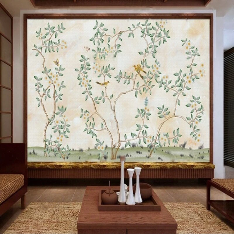 Modern aesthetic new Chinese-style traditional Chinese painting flower bird library luxurious home decoration background wall
