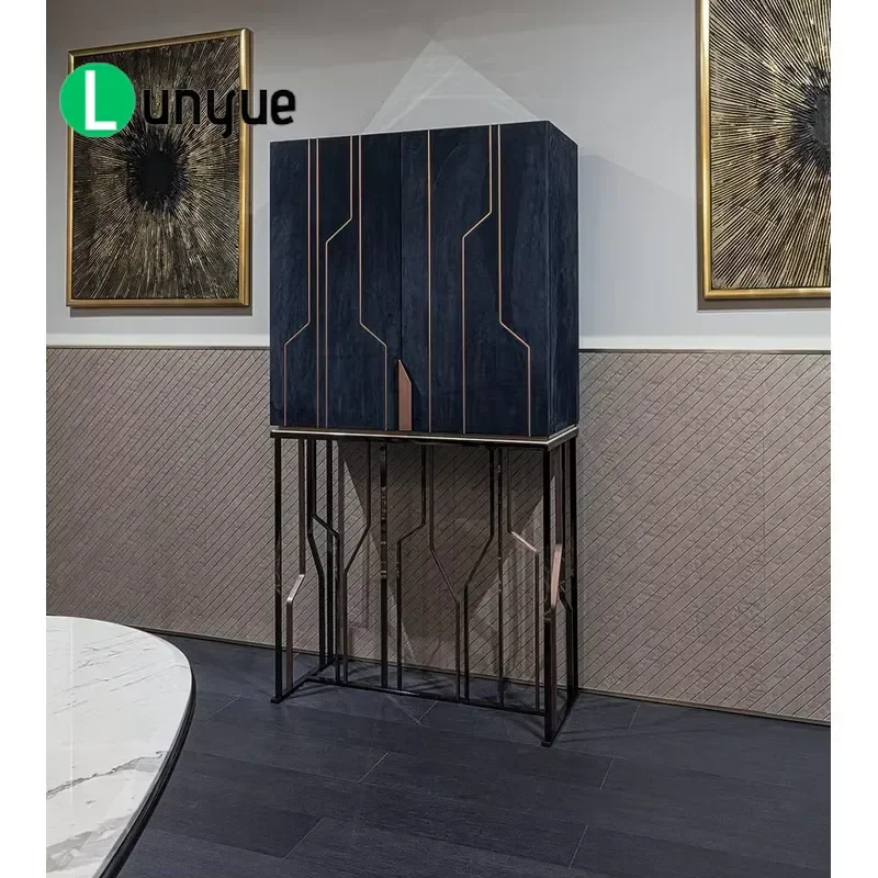 Luxury Walnut Wine Cabinet with Metal Leather Accents High Quality Bottle Display Rack Storage Furniture for Living Room Bar