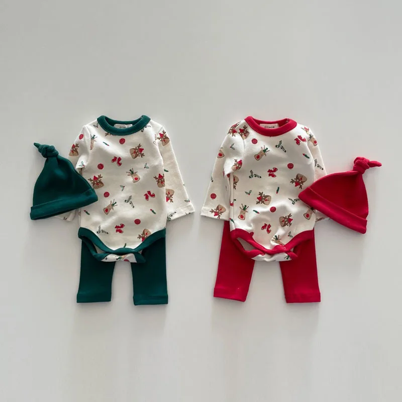 2024 Autumn Winter Christmas Baby Clothes Sets Infant Boy Girl Cotton Long Bodysuit+Leggings+Hat 3Pcs Toddler Xmas Homewear Suit