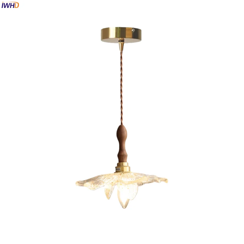 

IWHD Petal Glass LED Hanging Lamps Bedroom Living Room Decor Cafe Bar Copper Wood Handle French Vintage Pendant Light Luminaria
