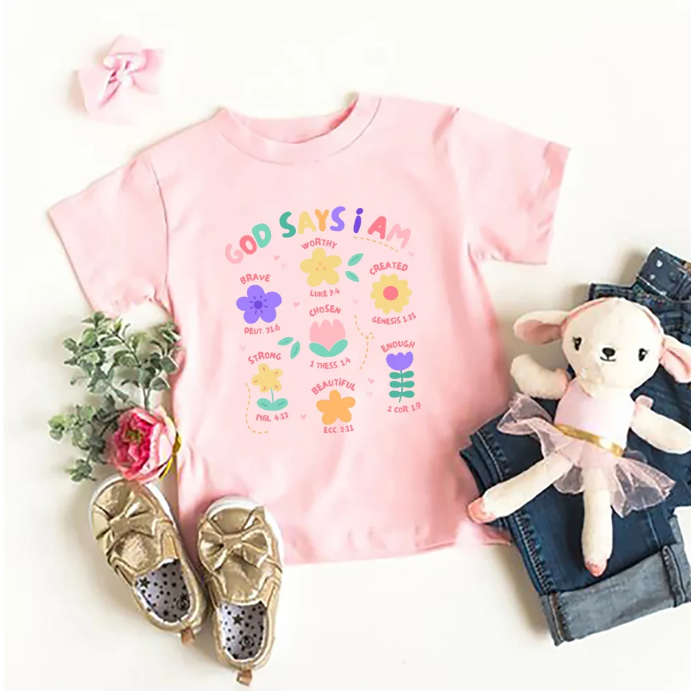 God Says I Am Brave Worthy Created Chosed Strong Enough Beautiful Print Girls Shirt Kids Summer T-shirt Child Short Sleeve Tops