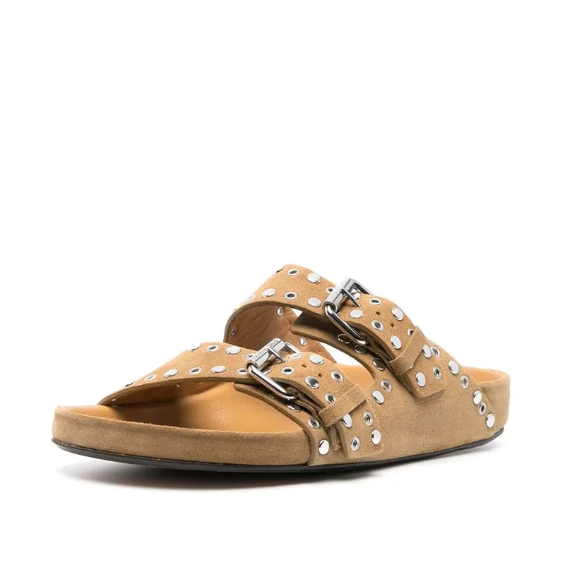 

2026 Summer Rivet Buckle Slides Women Suede Flat Sandals High Quality Double Band Open Toe Casual Slippers for Women Beach Shoes