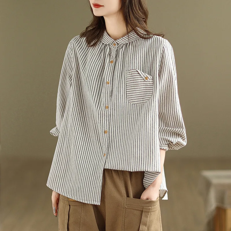 Camisa de manga larga a rayas de lino bohemio para mujer blusa ajustada holgada de talla grande