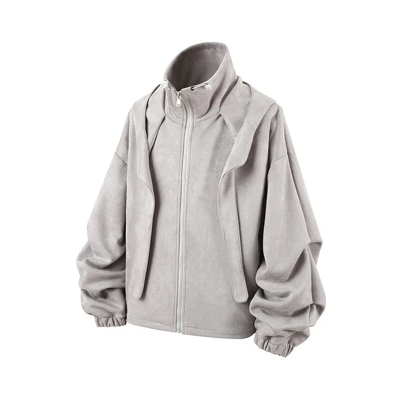 

2025 autumn and winter new loose deerskin jacket solid color hooded fashionable solid color zipper splicing jacket