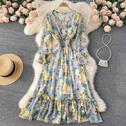 YuooMuoo 2025 Spring Summer Long Sleeve Chiffon Dresses Fashion Female Elastic Waist Pleated Long Dress Women Print Floral Dress