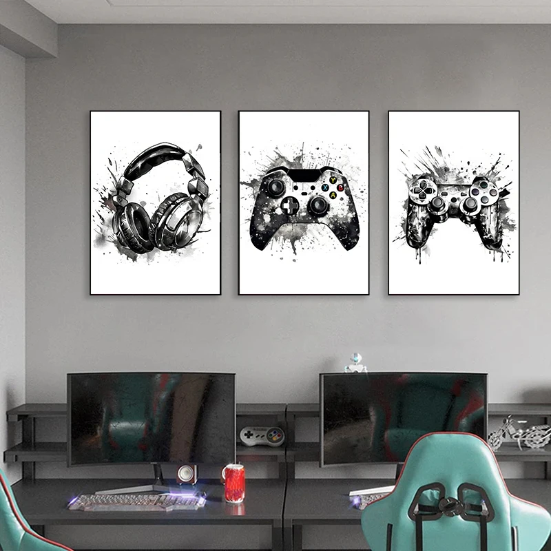 Black and White Ink Video Game Controller Poster Nordic Gamer Enthusiast Canvas Painting Picture Boys Room Wall Art Home Decor