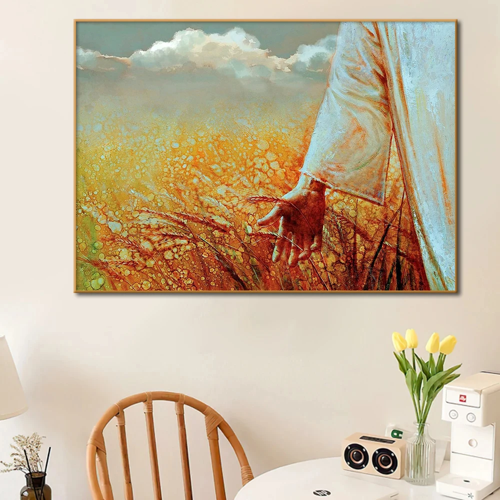 Jesus Hand Foot Gold Wheat Canvas Painting Poster Abstract Wall Art Warm God Picture for Living Room Bedroom Home Decor Cuadros