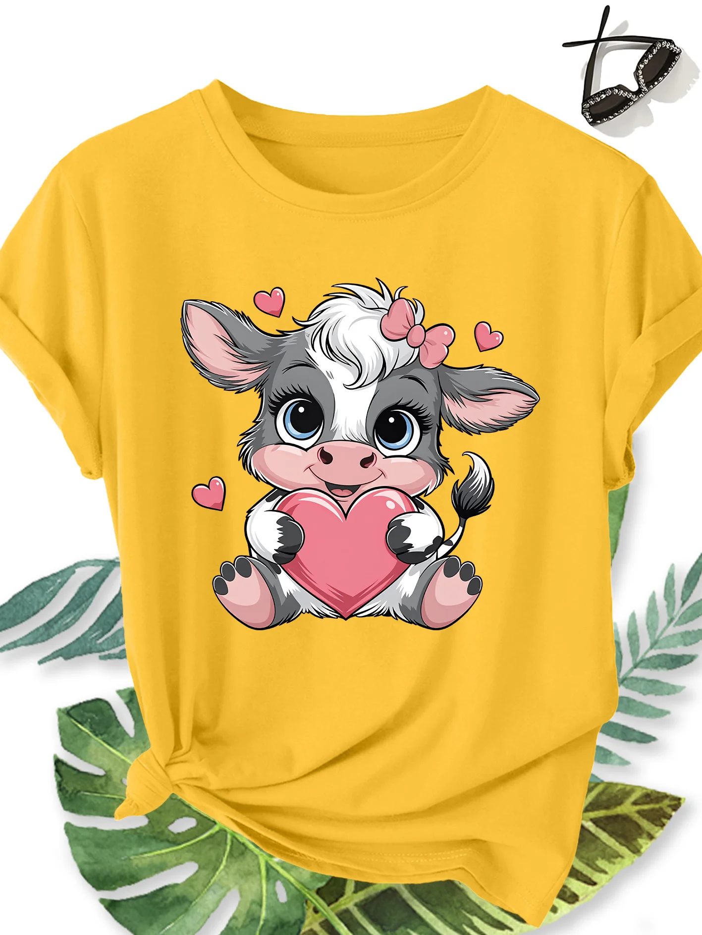 Cartoon Cow Bow Print Pattern Round Neck Women's Comfortable and Breathable Summer Fashion Commuting Vacation Daily Casual Top