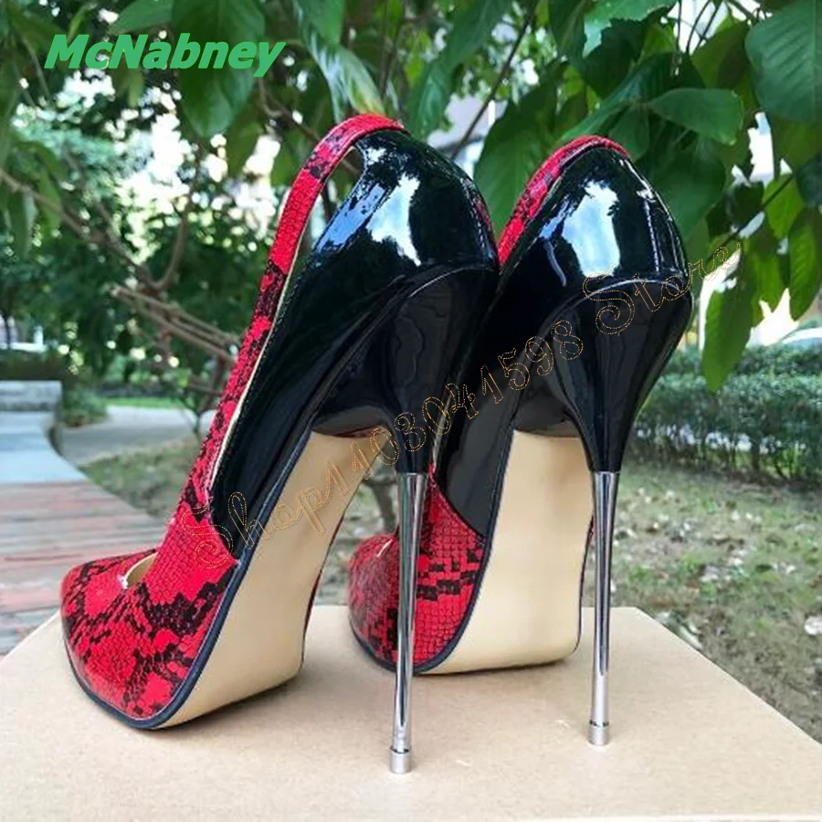 Décolleté sexy a punta Décolleté con tacco in ferro Scarpe da donna Scarpe con tacco alto in pelle con stampa serpente rosso Tacchi da festa 2024 Nuovi Zapatos Para Mujere