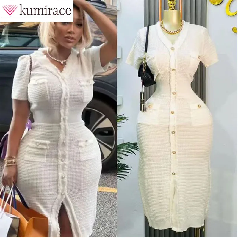 

2025 Spring and Summer Korean Edition Women's V-neck Short Sleeved Woolen Dress with Waist Cinching Style Knitted Dress Clothes