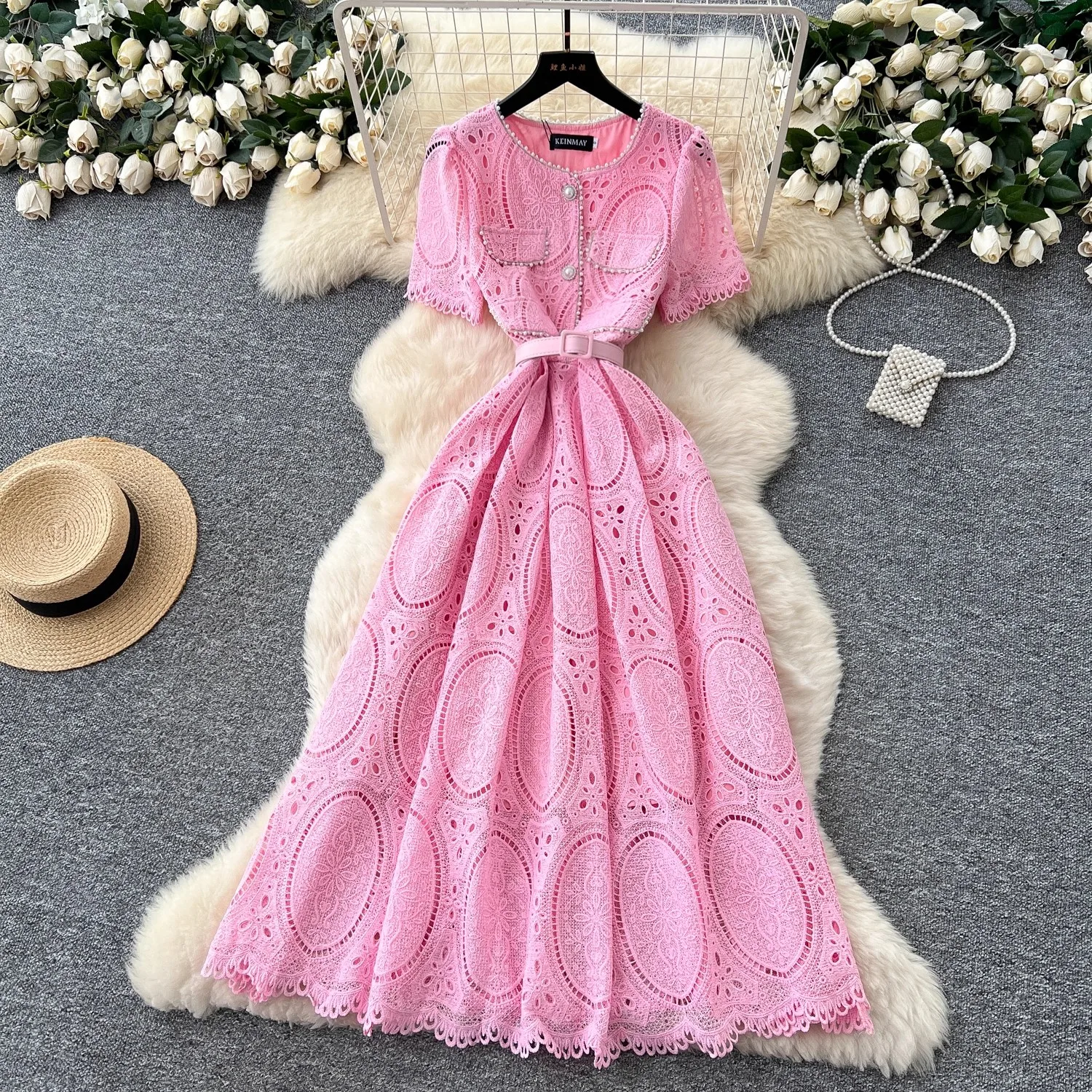 

Summer Women Lace Dress Embroidery Flower Crystal Beading Buttons Midi Long Prom Party Dresses Female Pink Runway Vestidos