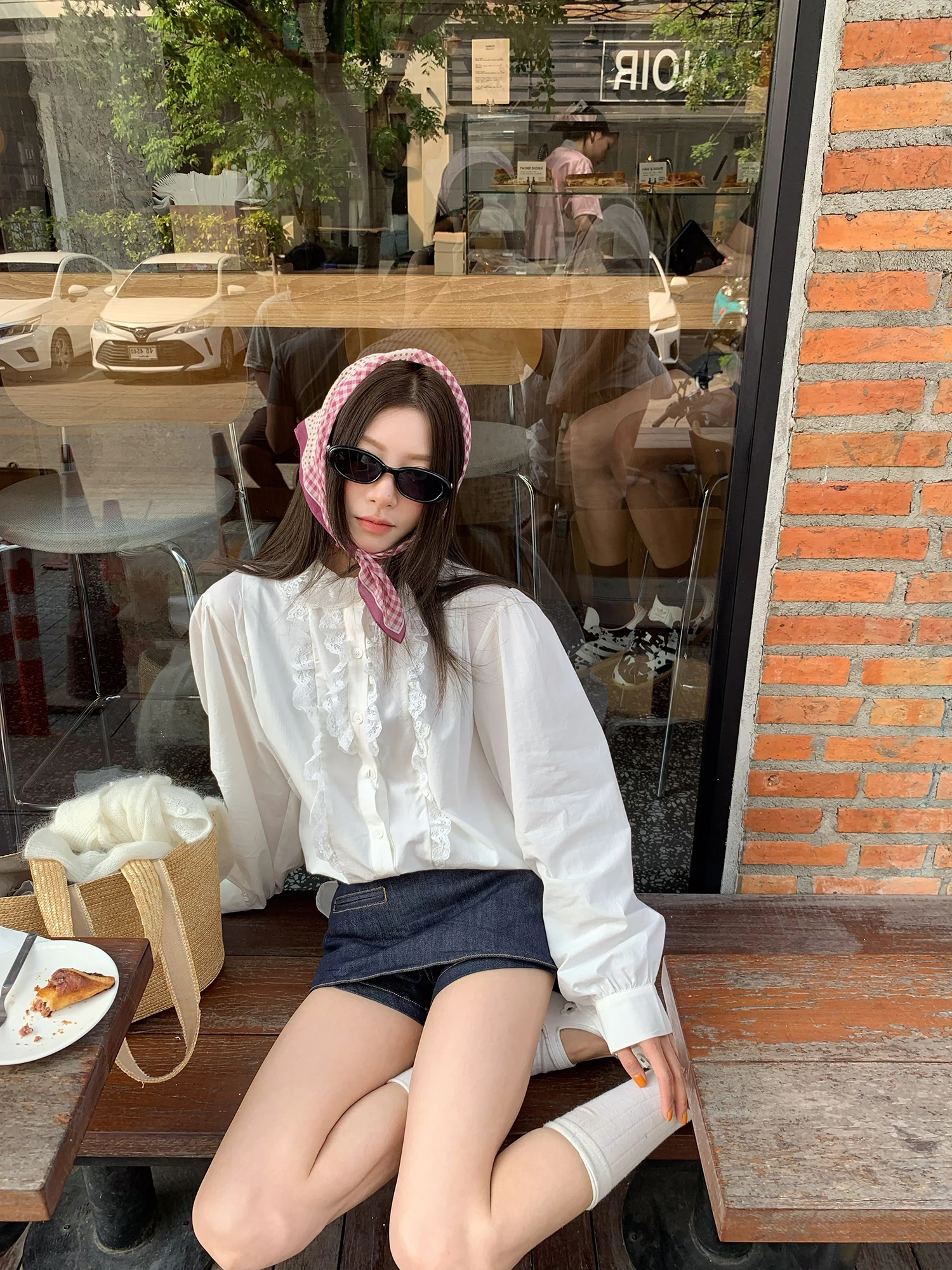 

Lace Trimmed Bubble Sve irt Casual Sle Korean Lazy Feel Plaid Splicing Vintage Flounce Collar Women's Long Sve irt