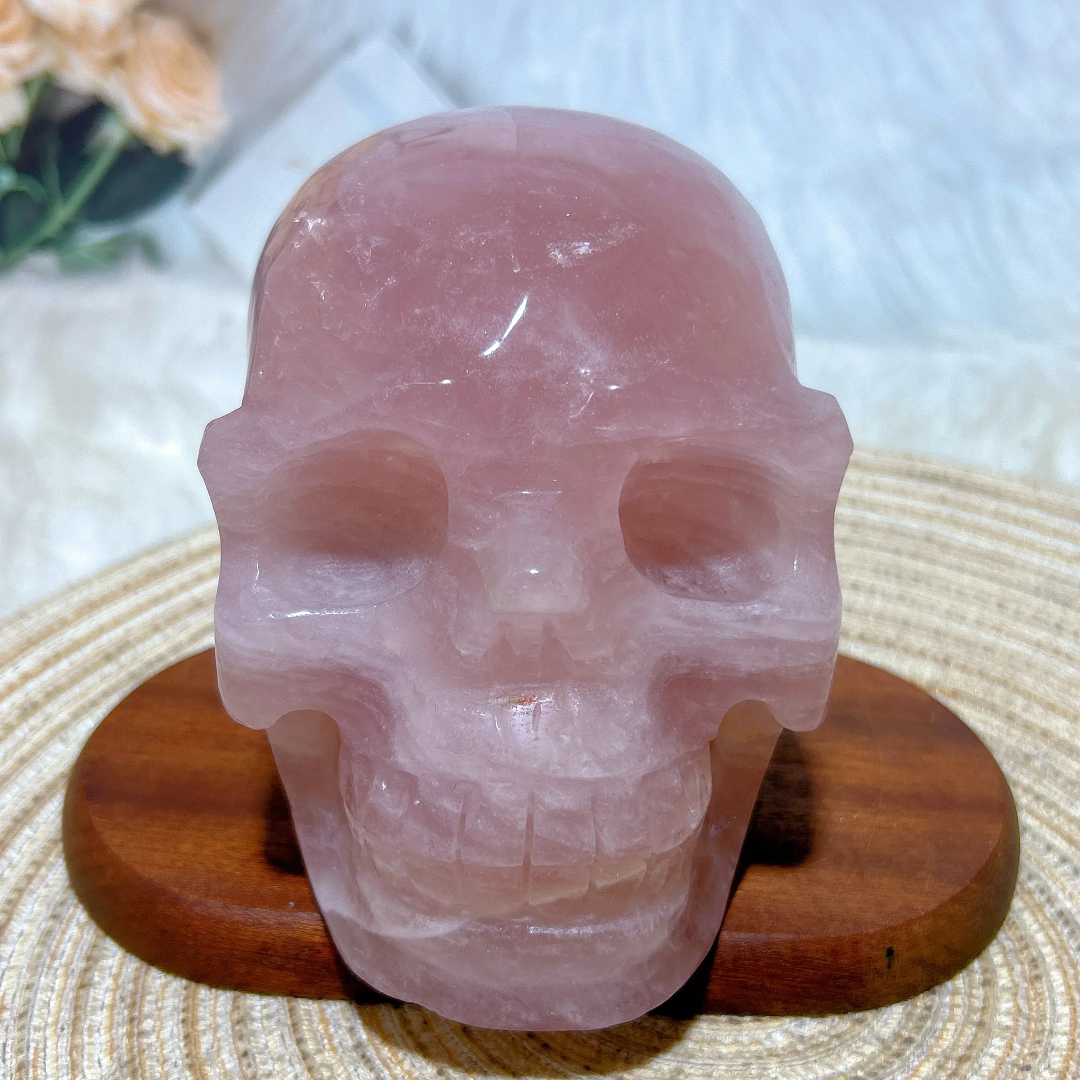 Healing Natural Crystal Rose Quartz Big Skull Hand Carving Energy Reiki Ornament High Quality Home Decoration Room Decor Gift