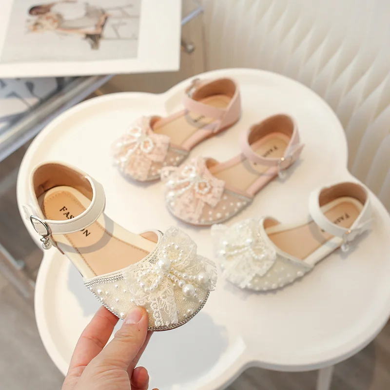 Summer Girls Sandals Fashion Sequins Rhinestone Cute Lace Bow Children Princess Shoes Baby Kids Flat Heel Sweet Bead Shoe 23-33