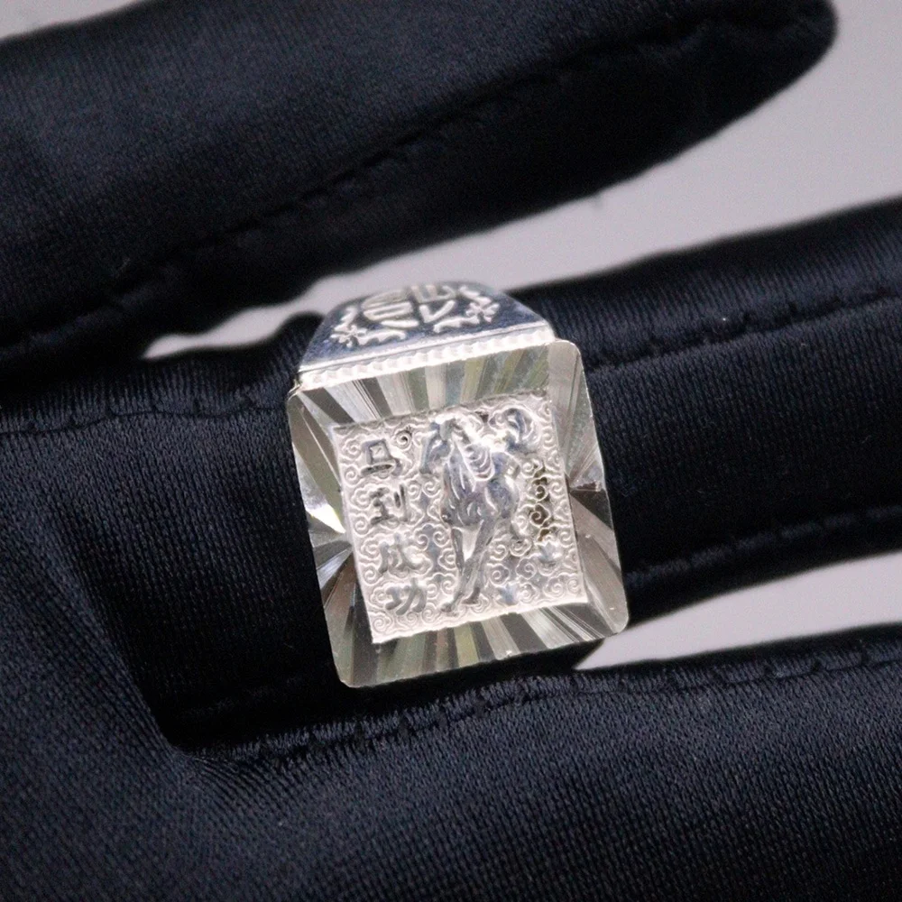 Real Pure 999 Fine Silver Band Men Gift 15mm Carved Fu Horse Square Ring 9-10g