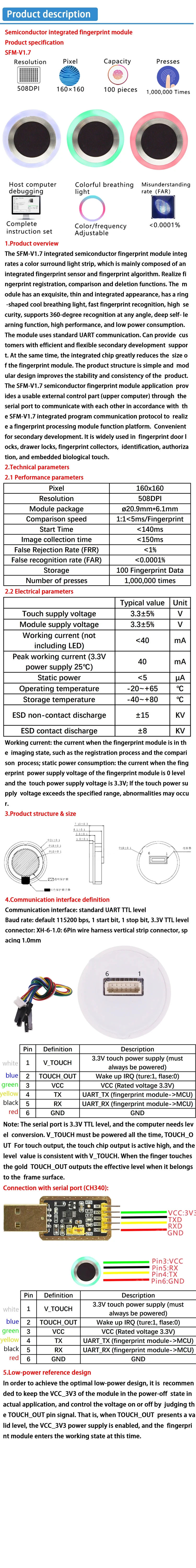 SFM-V1.7 Halbleiter-Touch-Kapazitiver Fingerabdrucksensor-Modul zur Erfassung und Identifikation mit UART-Kommunikation – Detail 3
