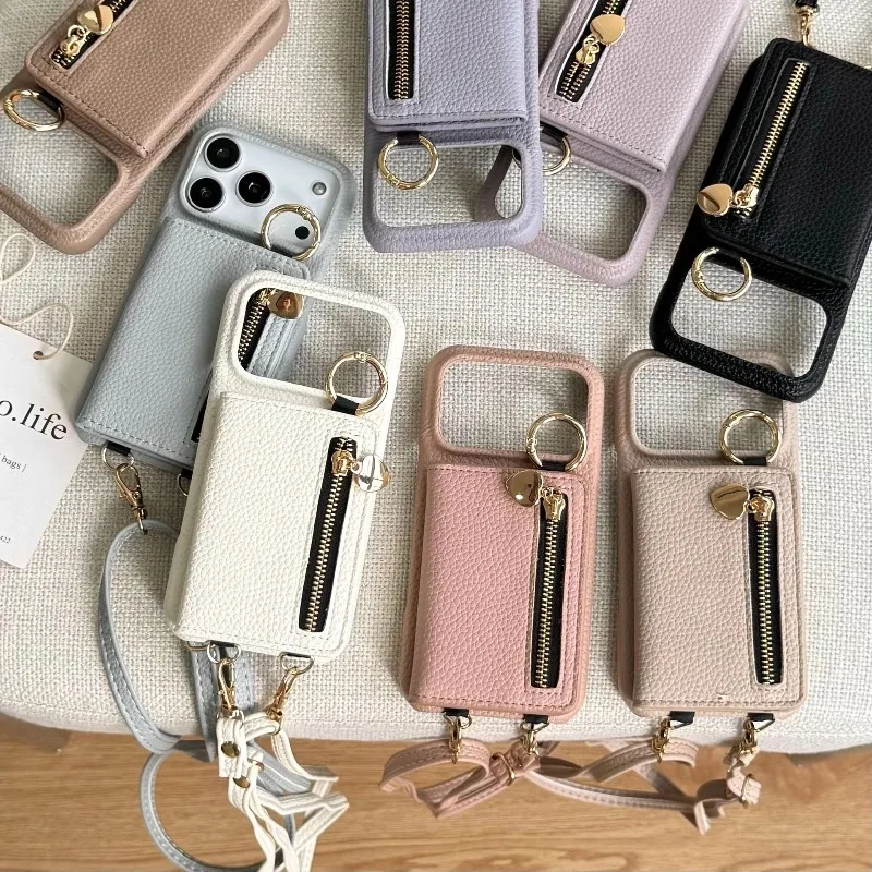 

New Crossbody Zipper Card Holder Phone Case For iPhone 17 Air 16 15 14 13 12 Pro Max Plus with Ring Stand Protective Case