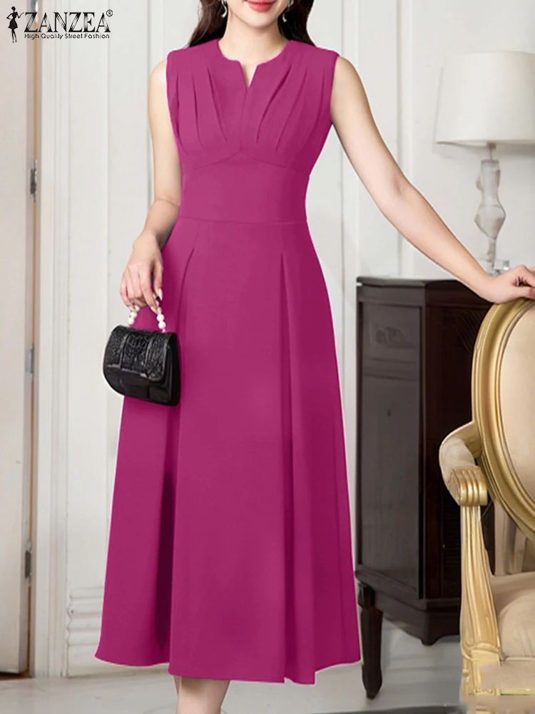 ZANZEA แขนกุดเดินทางสํานักงาน Robe เอวสูง Elegant สีทึบ A-Line Midi ชุดเดรสแฟชั่นผู้หญิง V คอ Vestidos