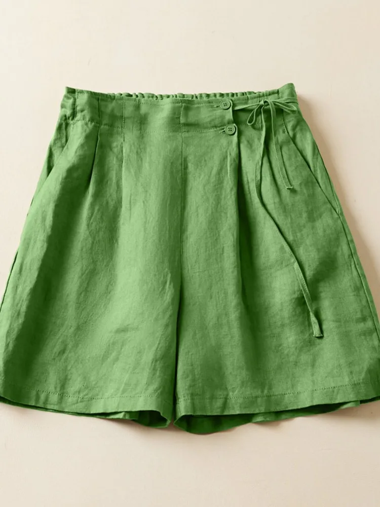 ارتفاع الخصر القطن الكتان مستقيم الساق ort السراويل النسائية Faion عادية مكافحة الشيخوخة خمسة أجزاء الأزرق الخصر تصميم orts