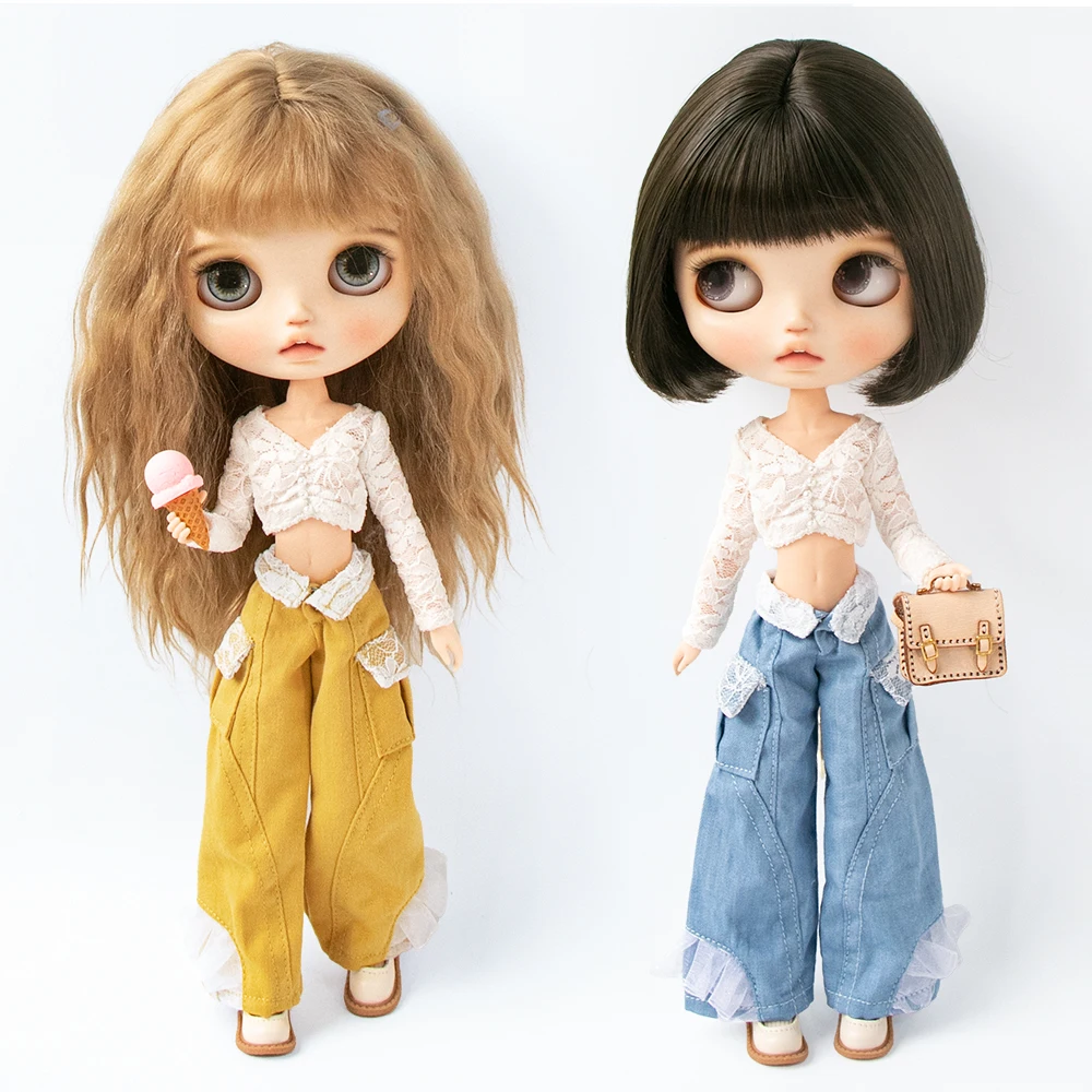 ブライス服 ヴィンテージレース ホワイトトップ ワイドレッグパンツ レースジーンズ カジュアルセット リカ アゾネス オブ22 24 ケル YMYドールアクセサリー用。