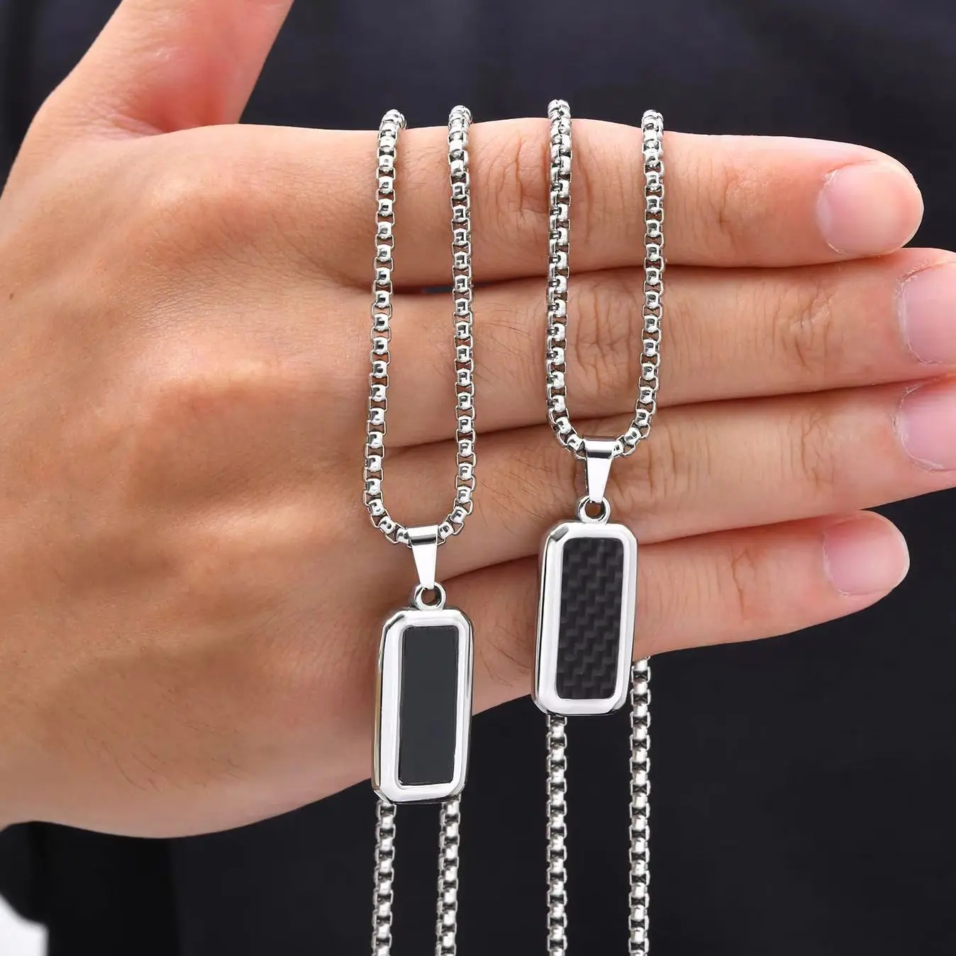 Men's Carbon Fiber Dog Tag Necklace,Naver Fade Stainless Steel Geometric Pendant Necklace,Stylish Jewelry Gift for Him