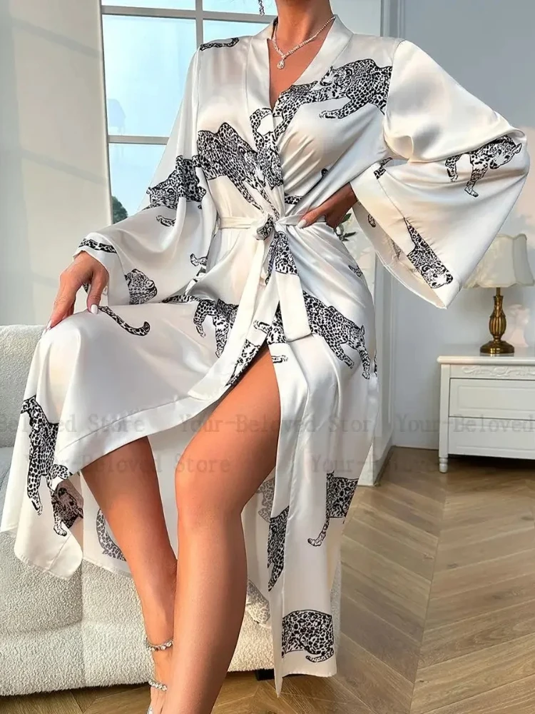 Long Kimono Sexy Leopard Print Robe Women Satin Loungewear Female Summer Spring New Sleepwear Loose Nightgown Intimate Lingerie
