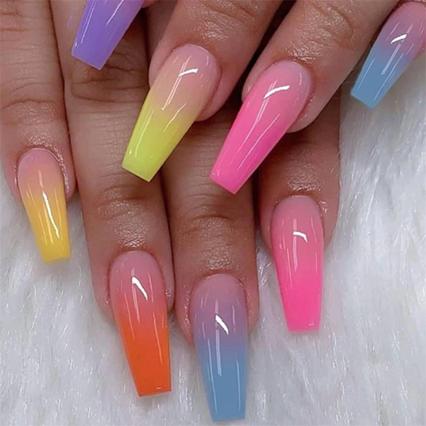 24Pcs/Set Blue Gradient Long Fake Nails with Diamonds Artificial Removable Acrylic Press on Nails Hot Sale Nails Stick on Nails