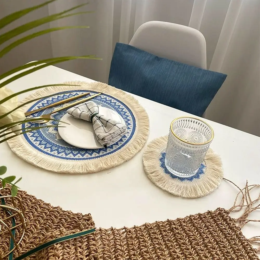 Bohemian Braided Weave Round Woven Placemats Non-Slip Tassel Bohemian Placemat Heat Resistant Jute Placemats Kitchen Table