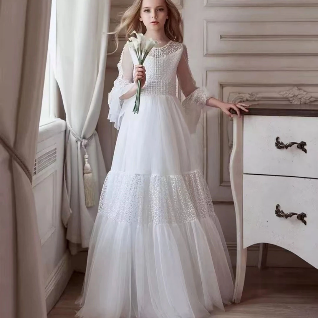 

Princess Flower Girl Dress Luxurious Fluffy Trailing Wedding Sequins Full Sleeve Kids Birthday Party First Communion Ball Gowns