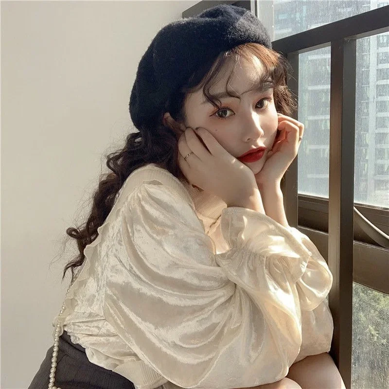 2025 New Korean Patchwork Blouses Women Stand Collar Puff Sleeve Long-sleeved Shirt Dropshipping Womens Blouses