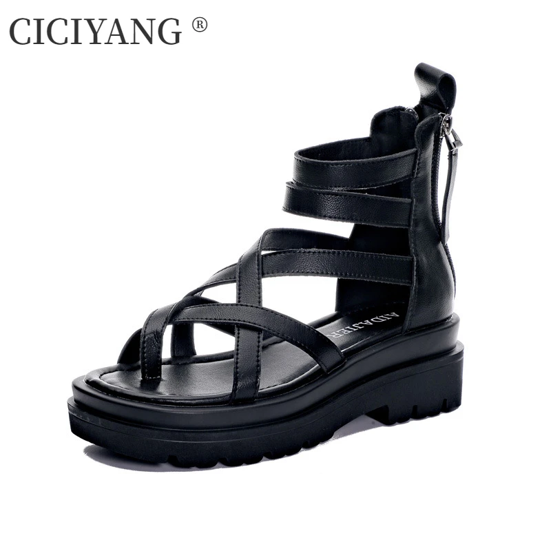 

CICIYANG Thick Sole High Top Roman Sandals Women 2024 Summer New Fashion Genuine Leather Ladies Clip Toe Ankle-Wrap Beach Shoes