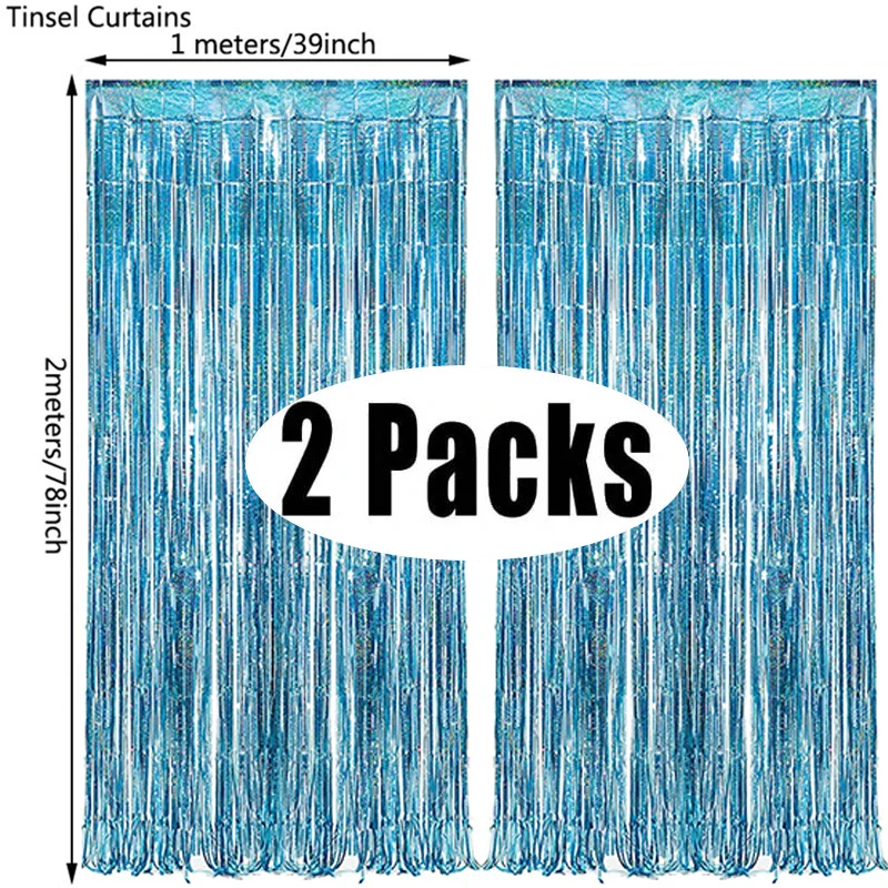 2Pack 2X1M Blue Laser Metallic Foil Tinsel Fringe Curtain Backdrop Birthday Wedding Bachelorette Party Decoration Adult Kids