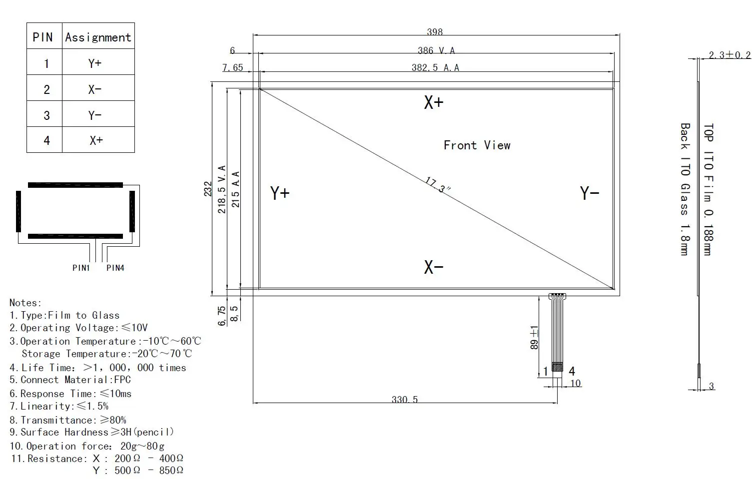 17.3inch 4-Wire Resistive Touch Panel For 17.3inch 1600X900 1920X1080 LCD Screen