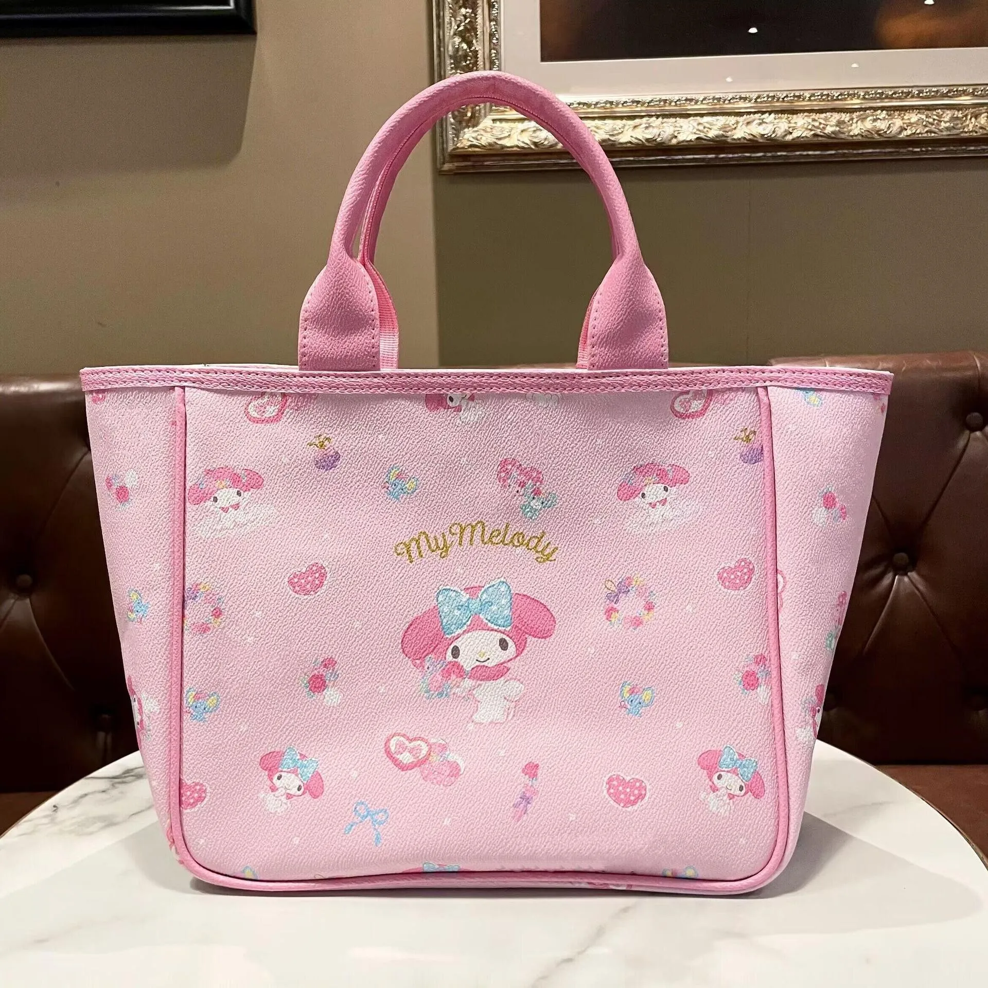 Sanrio Hello Kitty Heart Printed PU Leather Bags Women New Large Capacity Luxury Handbags Y2k Girl Cartoon Cute Trendy Totes