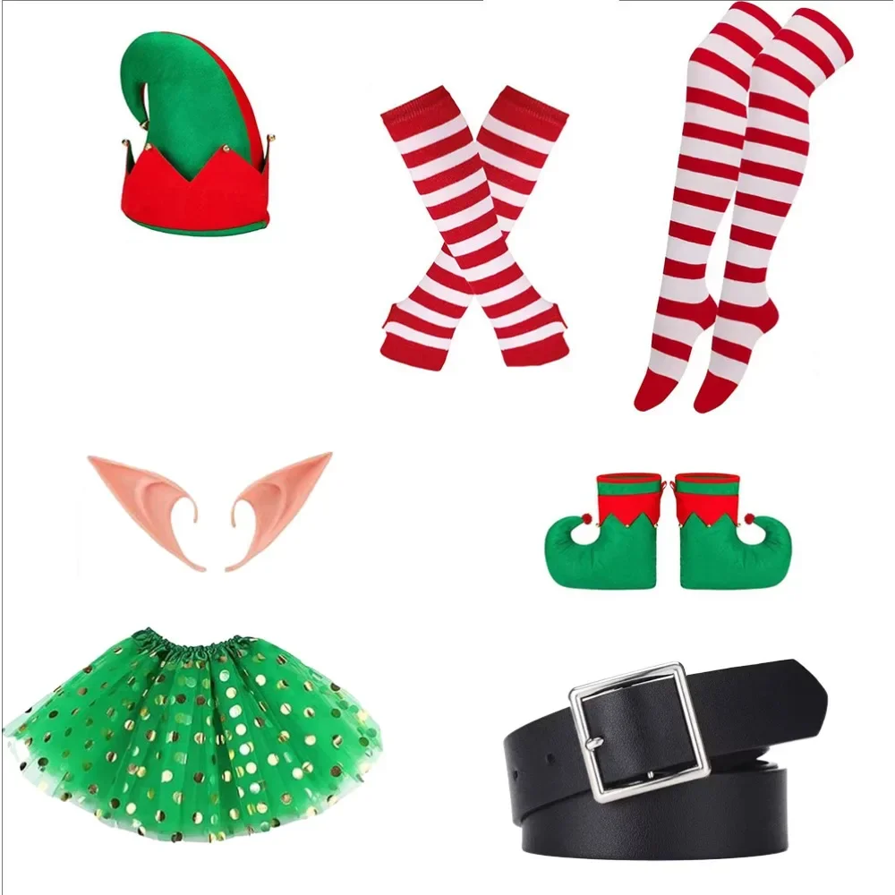 PESENAR قزم زي للنساء عيد الميلاد قزم مآزر قبعة الأحذية يغطي الجوارب ورأى جوارب مخططة آذان لعيد الميلاد تأثيري