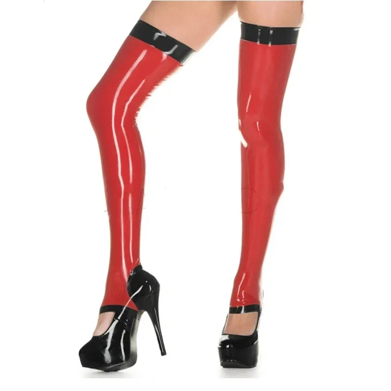 Women's Red Latex Stockings Socks Rubber Open Foot Tights with Trims