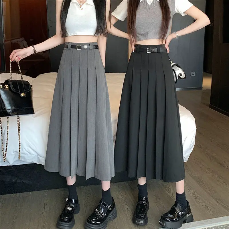 Grey Pleated Skirt for Women High Waist Medium Length A-line Skirt Suit Skirt Small Stature