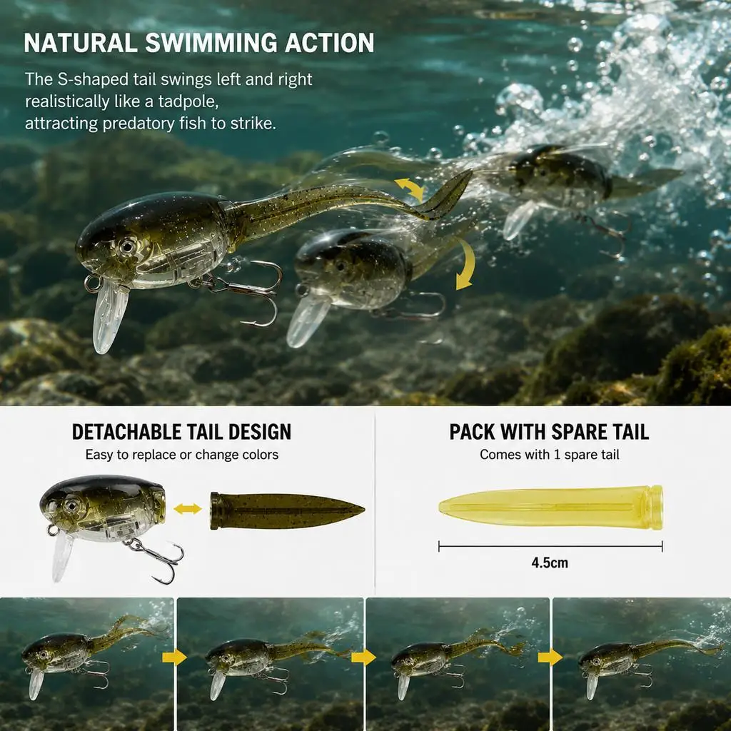 1pcs Tadpole Hard Bait Fishing Lure, 8 G/8.5 Cm, Detachable Soft-tail Crankbait with 8# Flattened Blood Groove Treble Hook, - view 3
