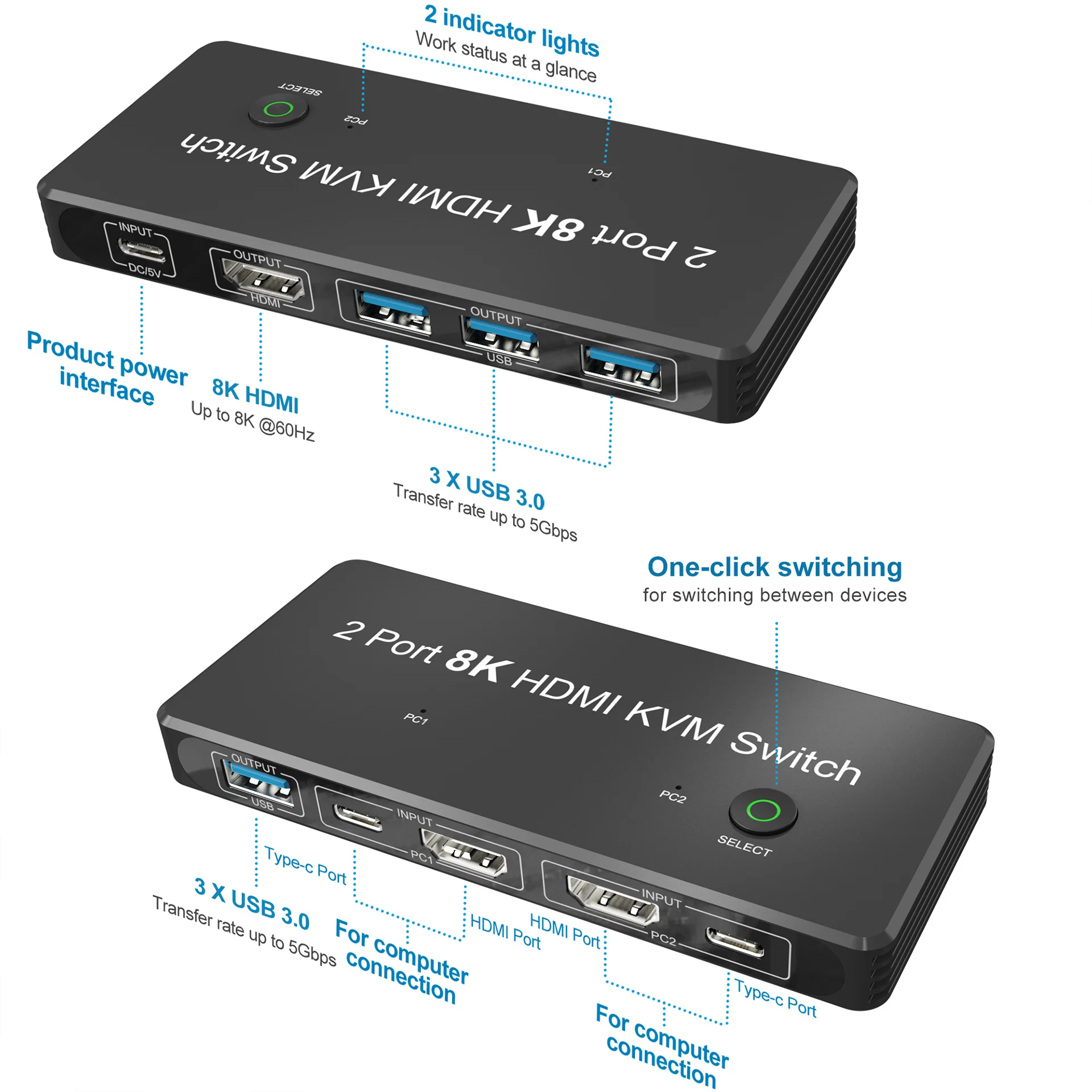 Dual 8K HDMI TYPE-C Eingang KVM Switch Splitter 4Port USB3 HUB Video Audio HUB Für Tastatur Maus Drucker adaptive HDCP Stripper