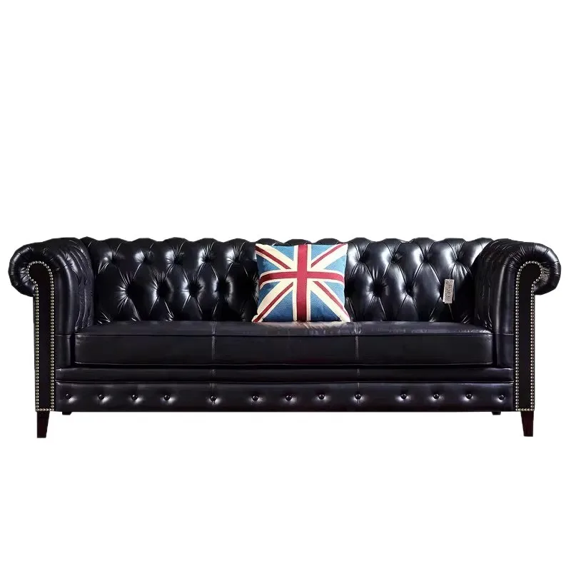 American leather sofa retro pull button straight row oil wax first layer cowhide three-person combination villa Italian style
