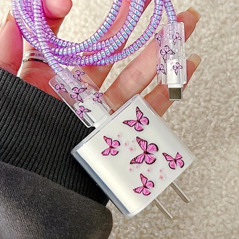 Cable Charger Protector Case For Iphone 15 14 13 16 20W Charger Protection Cover Butterfly Style Cord Winder Spiral Protective