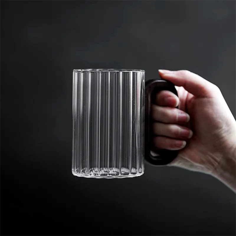350ml Vertical Stripe High Borosilicate Glass Coffee Mug With Walnut Wooden Handle Heat-Resistant Tea Mug Milk Coffee Cup