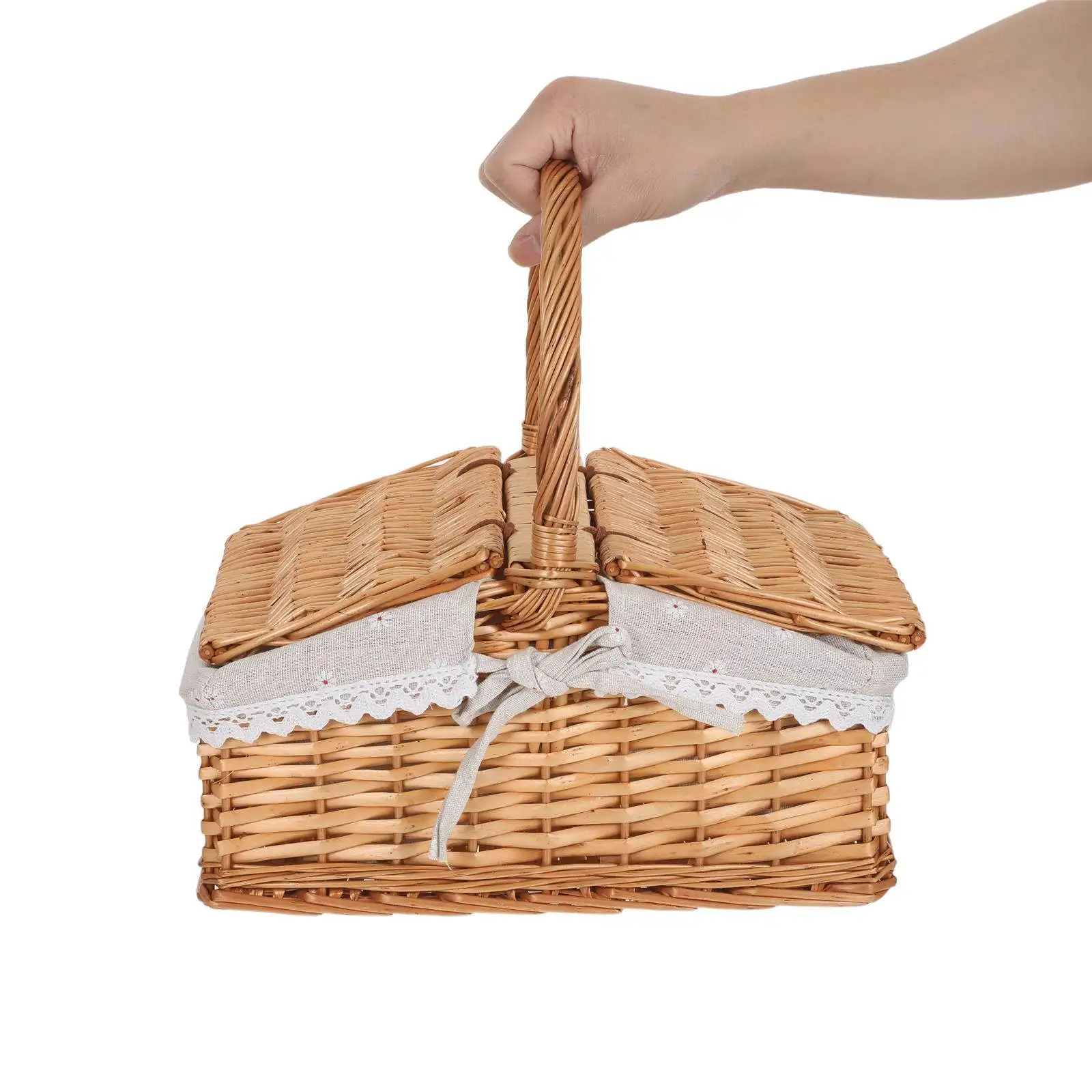 Wicker Picnic Basket Removable Liner Natural Willow Woven Hamper Handle Outdoor Camping Food Storage Rustic Picnic Basket