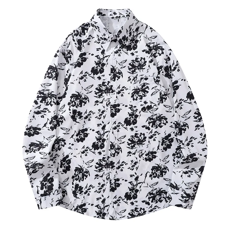 Men's Shirts Black White Pastoral Floral Blouse Retro Handsome Casual Tops M-2XL Unisex Trendy Long Sleeve Clothes Four Seasons