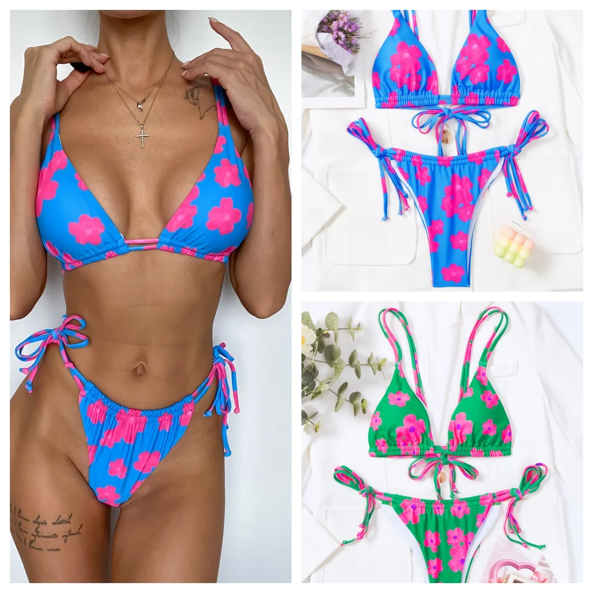 Sexy Bloemenprint Bikini 2024 Vrouwen Badpak Dames Badmode Thong Bikini 'S Set Braziliaanse Halter Strandkleding Veterbadpak