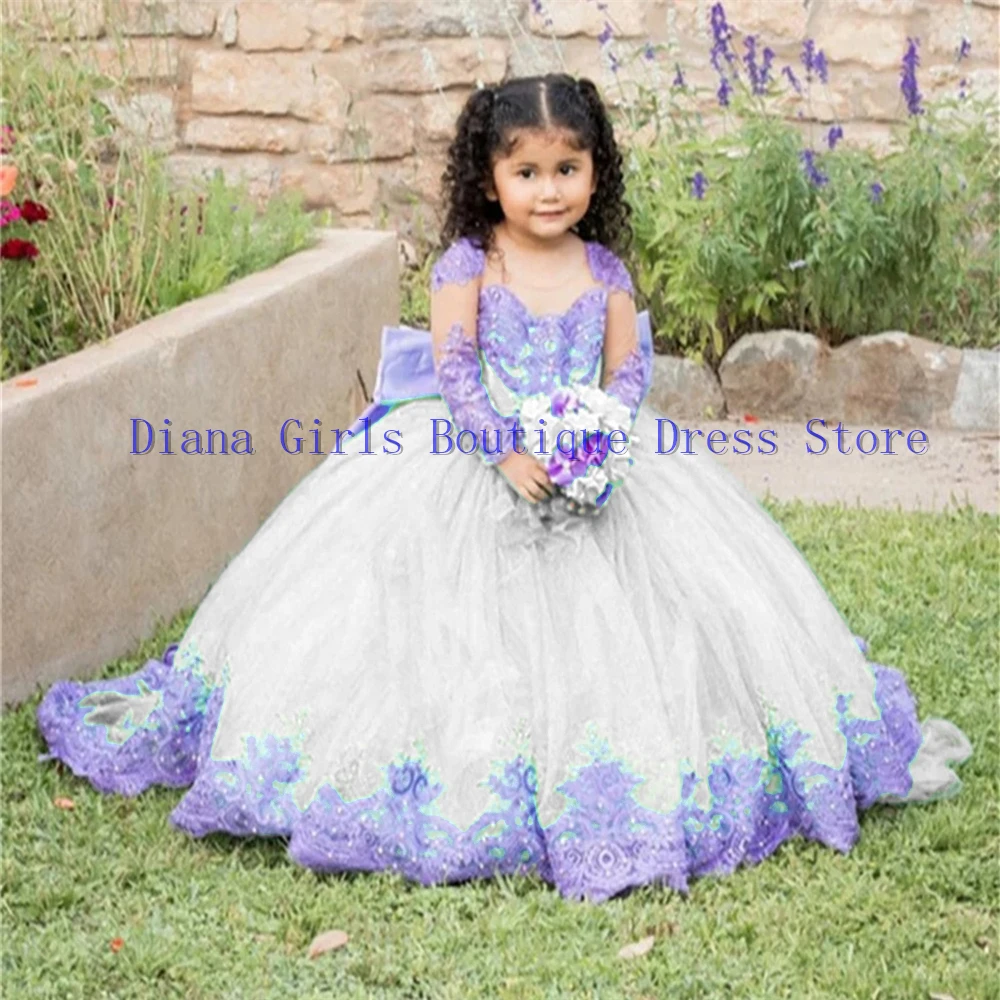 Luxuriöses Blumenmädchenkleid für Brautkleider für Babys, Prinzessin, Ballkleider, Spitzenapplikationen, schulterfrei, Erstkommunionkleid